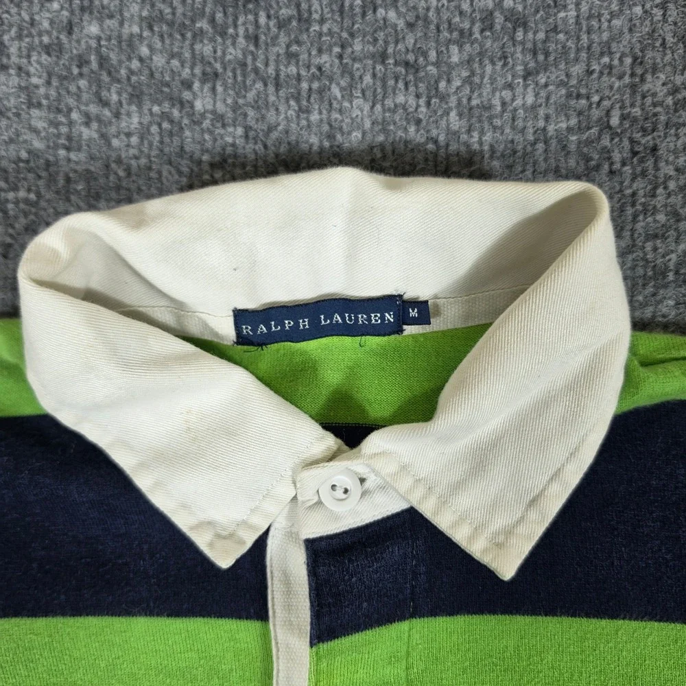 Ralph Lauren Rugby Shirt Green Navy Blue Striped Long Sleeve Youth Size Medium